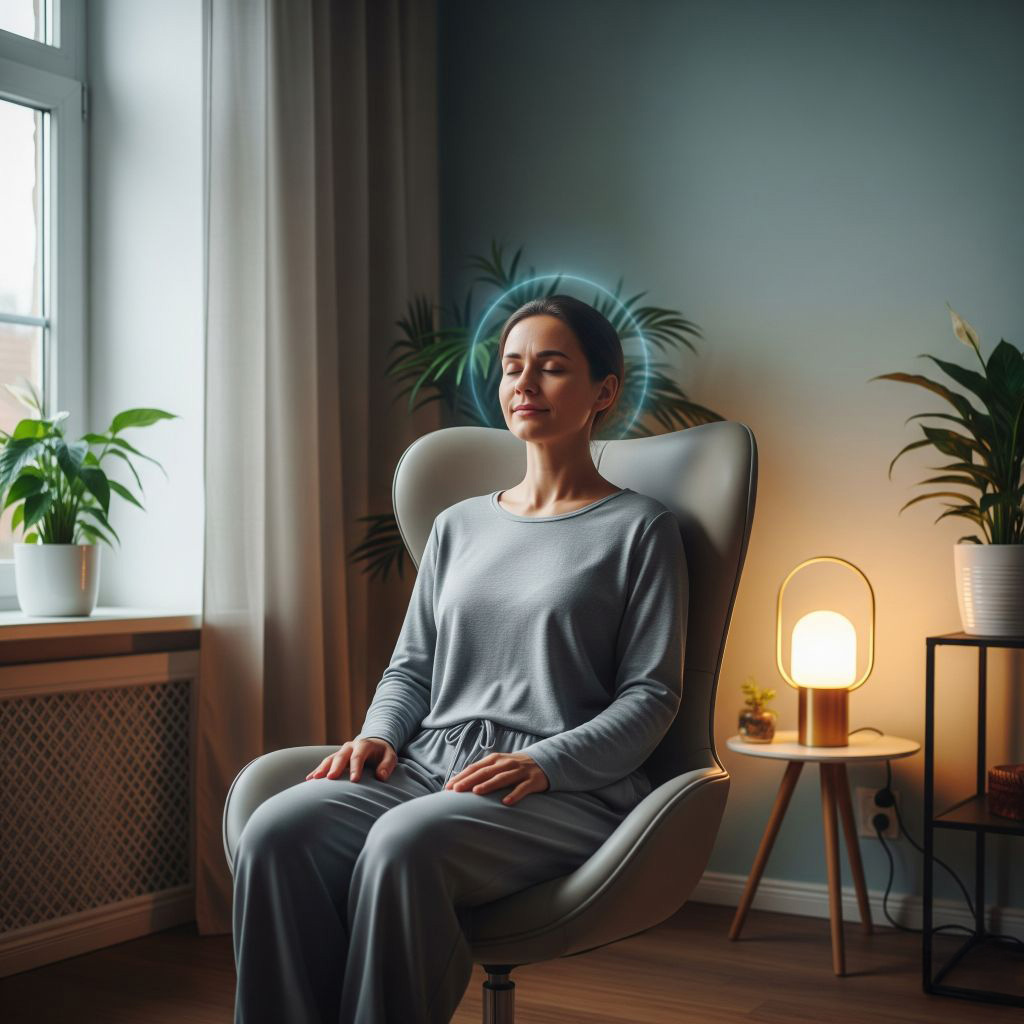 Kobieta w stanie głębokiego relaksu podczas sesji hipnoterapii, siedząca w fotelu z zamkniętymi oczami.