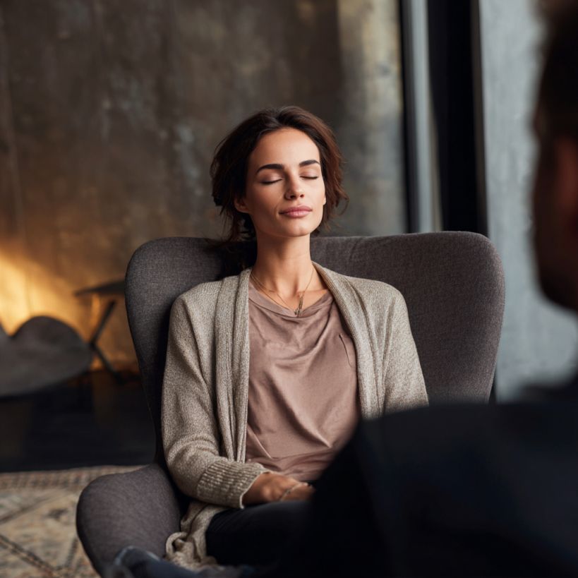 młoda kobieta w stanie głębokiego relaksu z zamkniętymi oczami podczas sesji hipnoterapii, z terapeutką siedzącą spokojnie w tle - co daje hipnoza