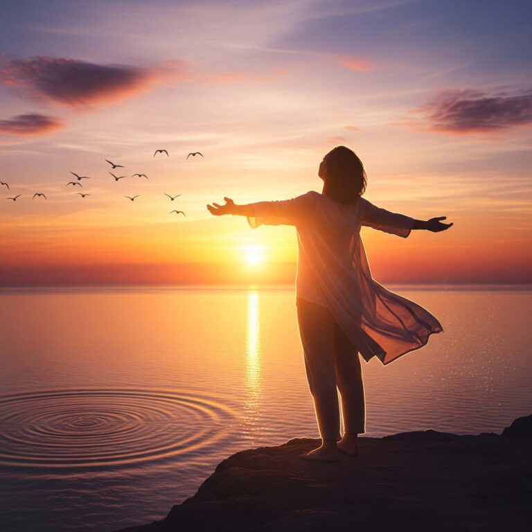 Osoba z rozpostartymi ramionami stojąca na klifie z widokiem na ocean o wschodzie słońca, symbolizująca wolność i siłę po skutecznej hipnoterapii.